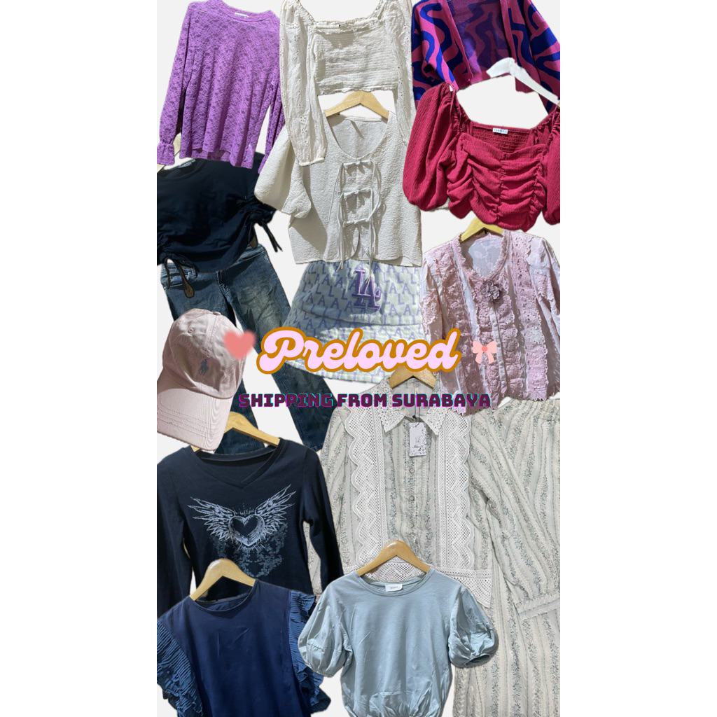 preloved kemeja, blouse, atasan, celana cutbray, flare jeans, tas lokal, crop top