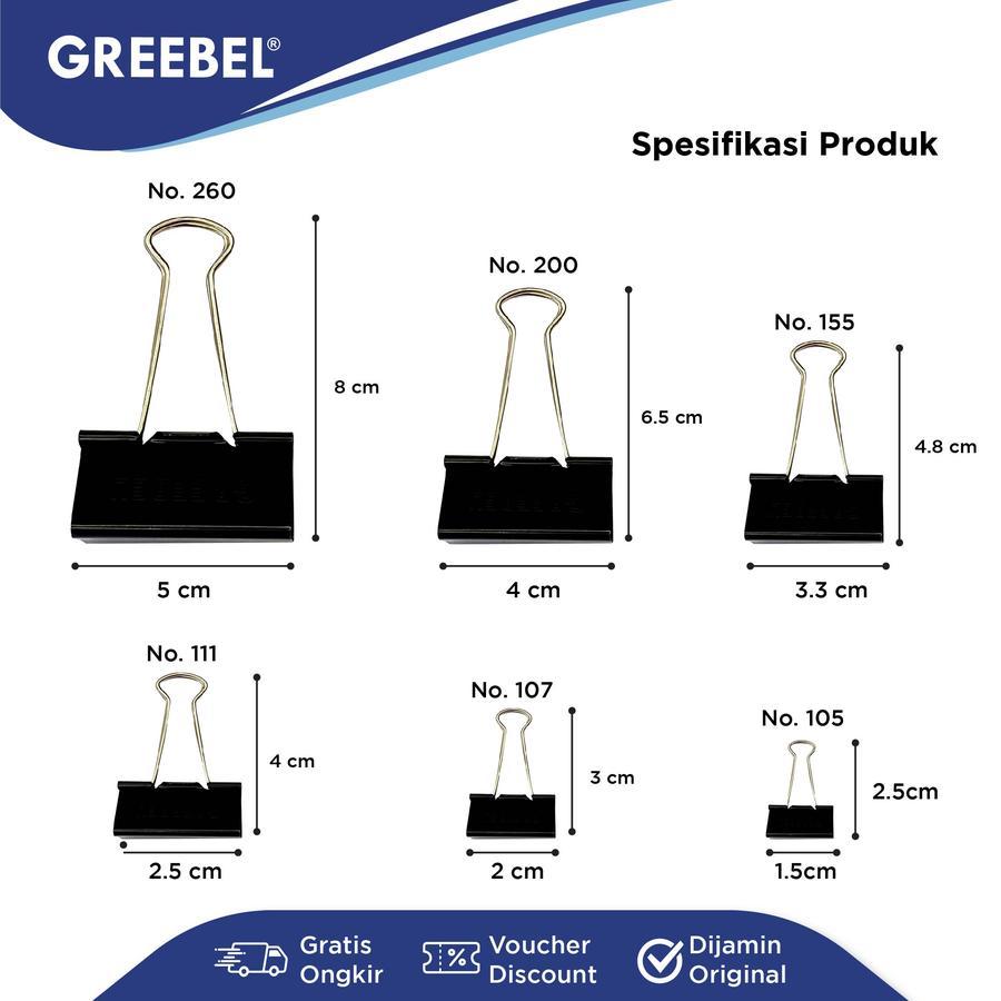 

GREEBEL KLIP KERTAS BINDER CLIP | PENJEPIT KERTAS HITAM | KLIP KERTAS No. 107, 111, 155, 200, 260
