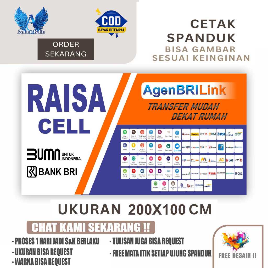 Cetak Spanduk Cetak Banner AGEN BRILINK RAISA CELL Ukuran 200x100 CM Costom Desain
