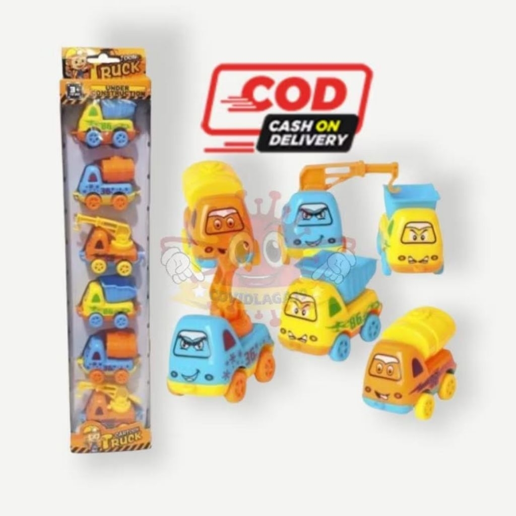 BYBO 1025 mainan anak 6 pcs mini truk mobil konstruksi alat berat excavator tangki crane dump cartoo