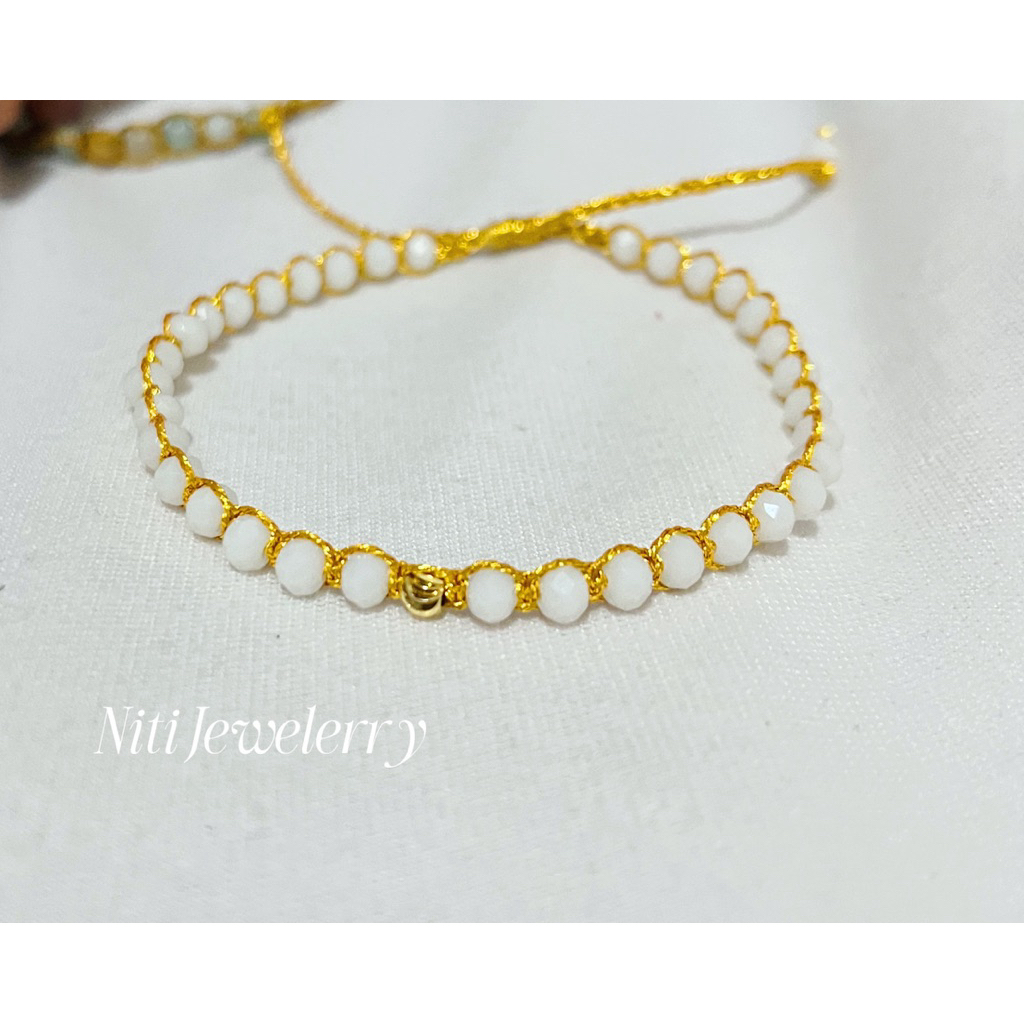 Niti White - Gelang Tali Emas | 14K Gold Plated | Gelang Manik-Manik Putih