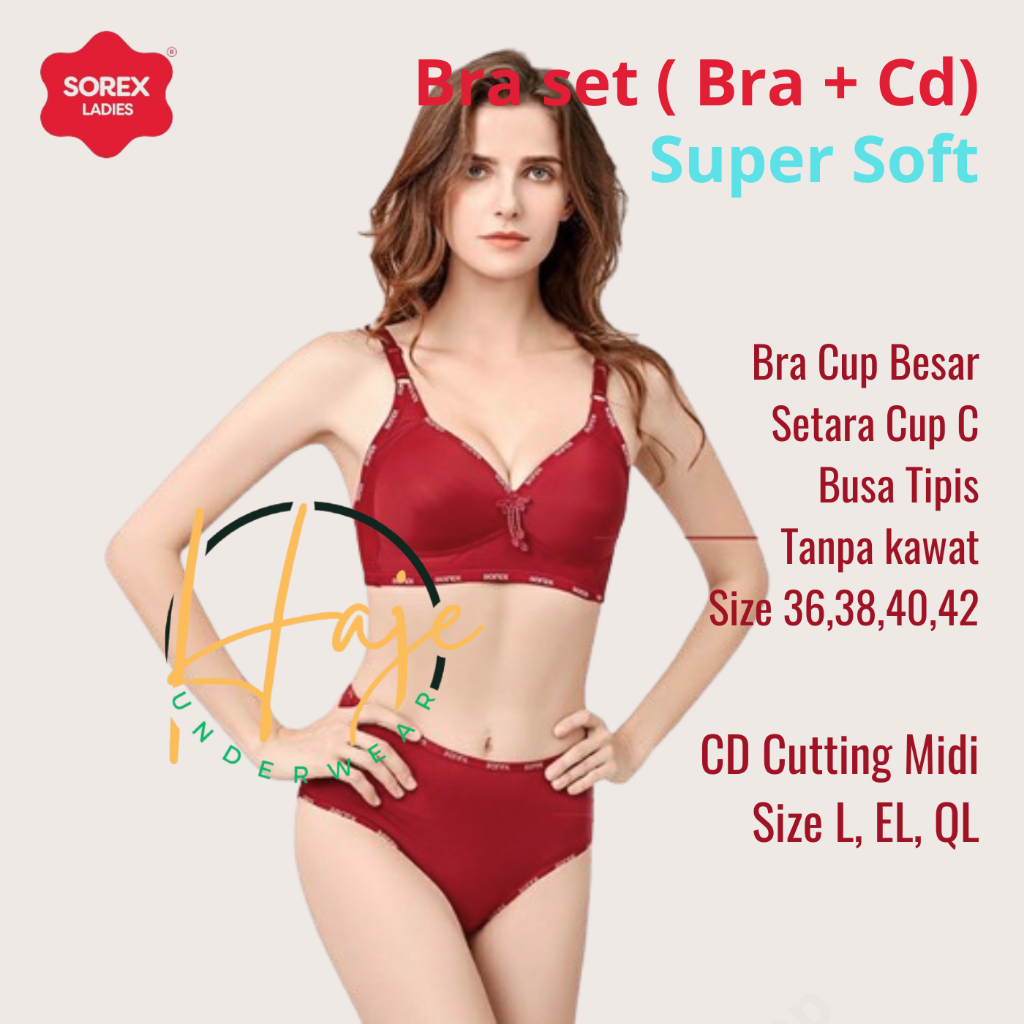 SOREX Bra Set Super Soft Cup Besar Tanpa Kawat ( BRA + CD ) Bra Cup C, Cd Size L,XL, XXL