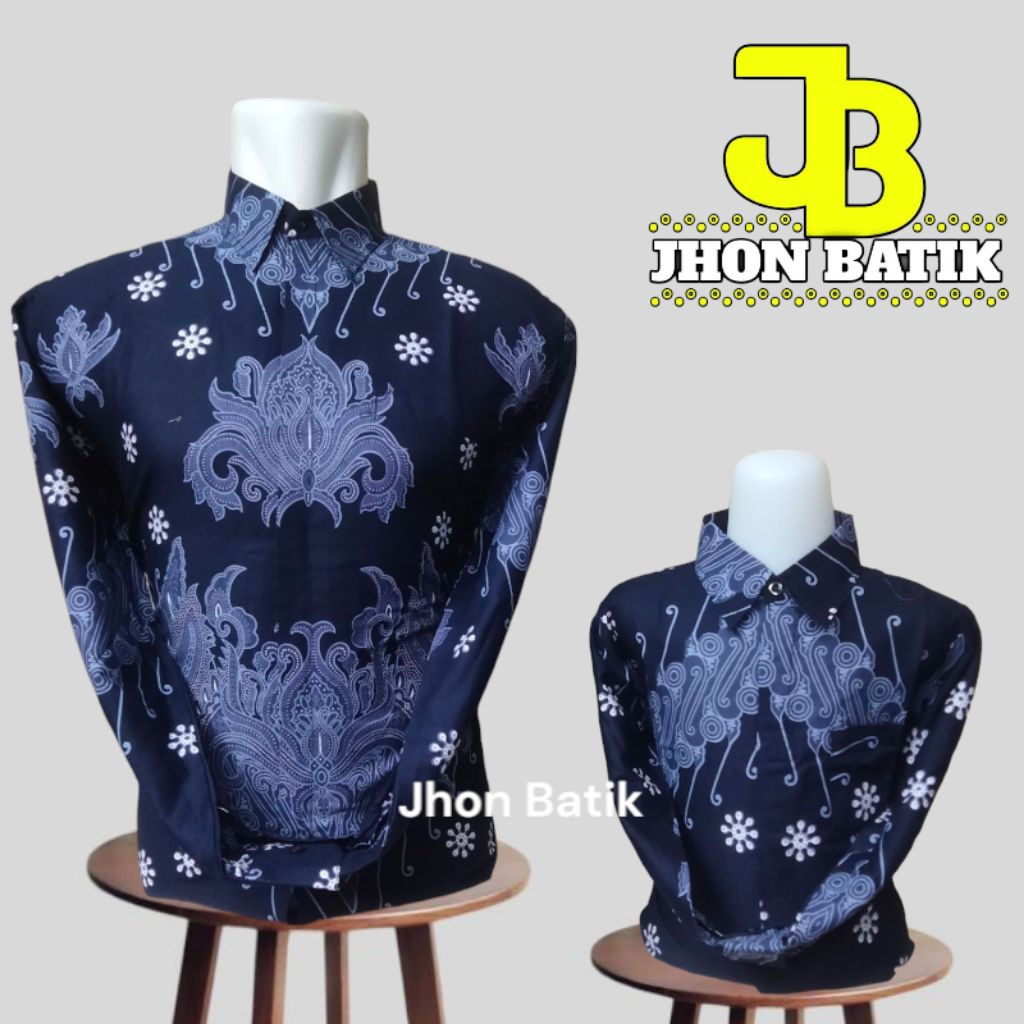 Atasan Kemeja batik ayah anak couple lengan pabjang warna biru dongker//kemeja batik kondangan coupl