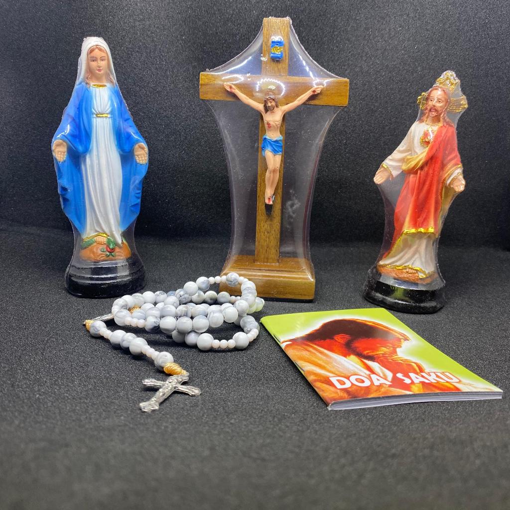 Paket Doa Katolik Lengkap - Patung Bunda Maria Yesus Salib Rosario & Buku Doa Katolik - Paket Devosi
