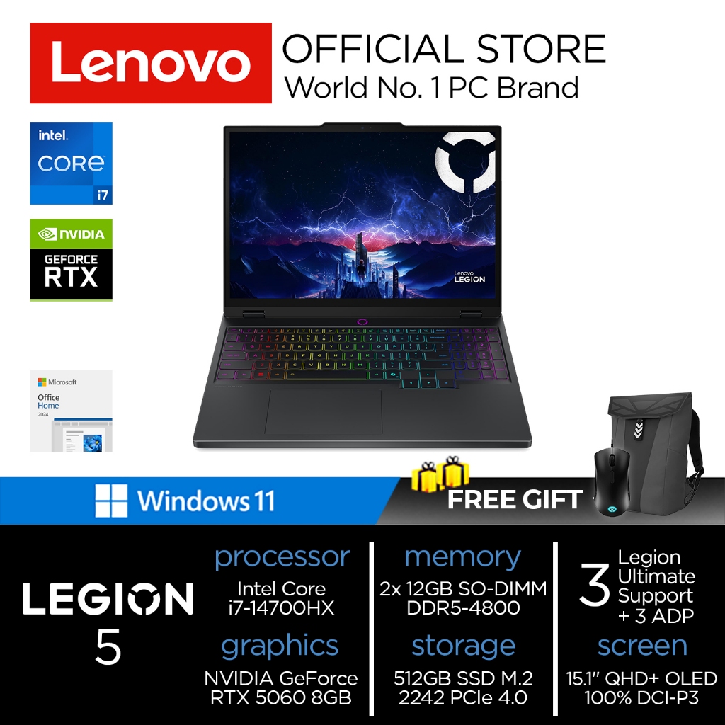 Lenovo Legion 5i 15IRX10 RTX5060 OLED | i7-14700HX 24GB 512GB RTX5060 15.1 WQXGA 165HZ W11+OHS+M365B