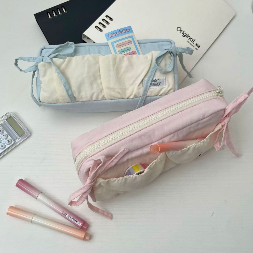 

Bilateral bow pencil case, portable student stationery, large capacity storage bag, simple makeup bag