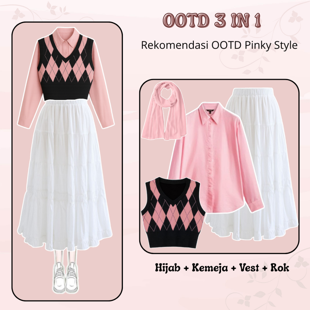 One Set Rok dan Atasan Korean Style (Kemeja Pink + Vest Kotak + Rok Ruffle + Hijab Segiempat ) L052