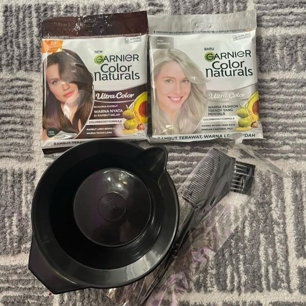 Paket Pewarna Rambut Garnier - Golden Brown, Ash Blonde, Mangkok Cat, Sisir Cat