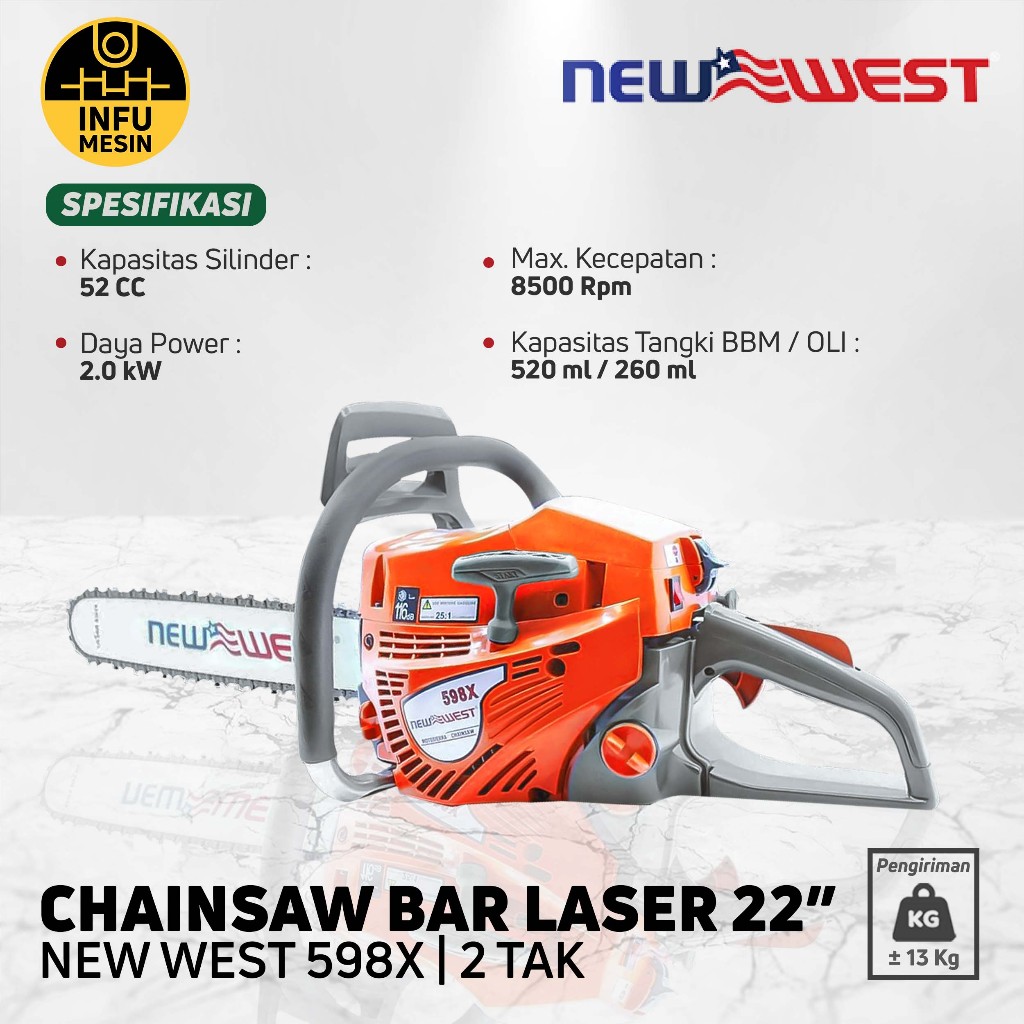 Gergaji Mesin CHAINSAW NEW WEST 598X BAR LASER 22" / 22 INCH