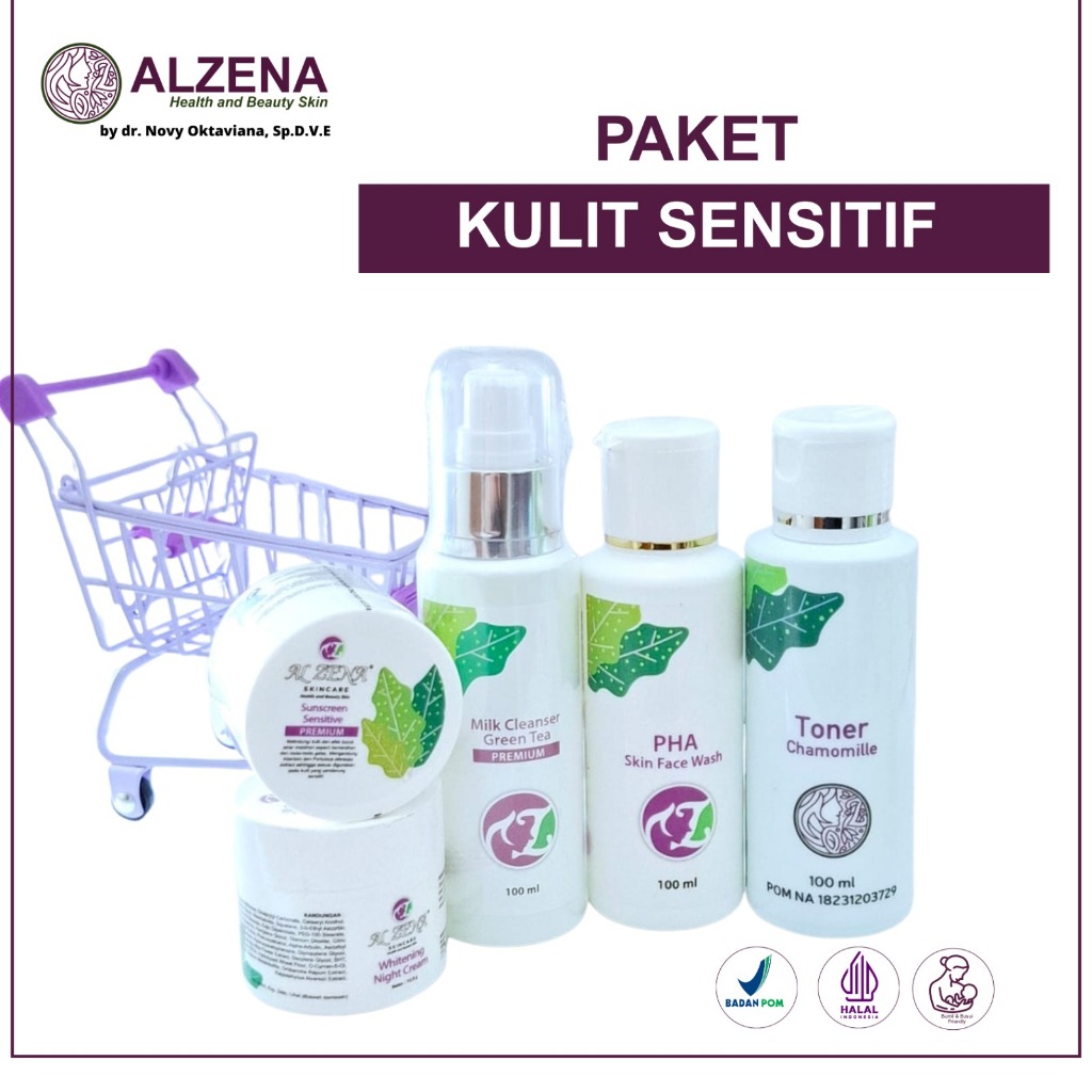 ALZENA Paket Skincare Sensitif dapat 5 Item (Milk Cleanser, Sabun Wajah, Toner, Krim Pagi dan Krim M