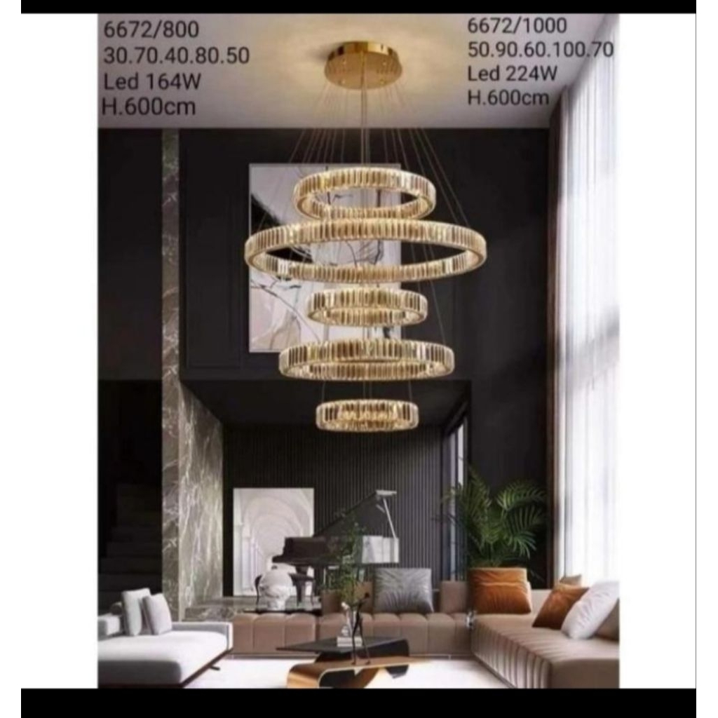 Lampu hias gantung lamp ring linear susun mirror crystal void glass kaca Cristal besar string long d
