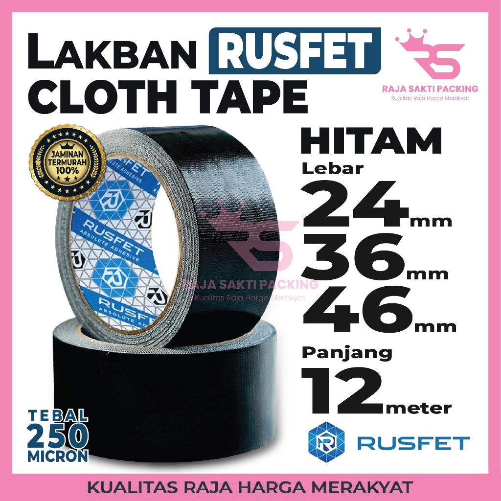 Lakban Kain Premium / Cloth Tape Rusfet Warna Hitam / Lakban Tebal Termurah Satuan