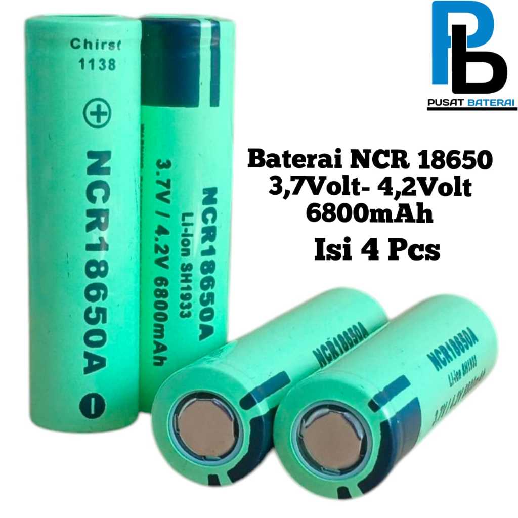 Baterai Charger Atau Baterai Cas Li-ion 18650 Hijau Muda NCR 3,7Volt-4.2Volt 6800mAh Isi 4 pcs