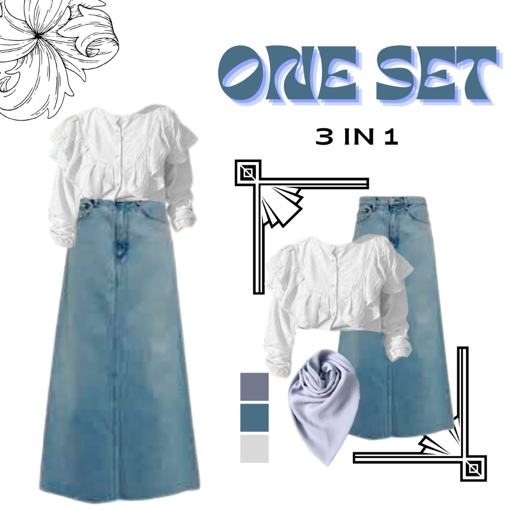 Outfit Kekinian Wanita 3 In 1 - One Set Blouse Korean Style - Rok Jeans Set ( Blouse + Rok + Hijab )