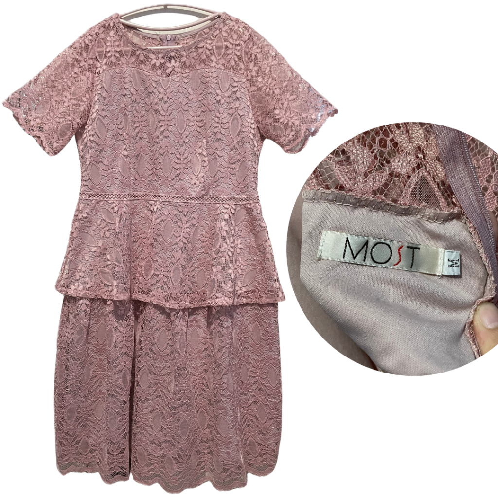 PRELOVED MOST Dress Gaun Pesta Brukat Brokat Motif Bunga Dusty Pink Peplum A Line Korean Simple Look