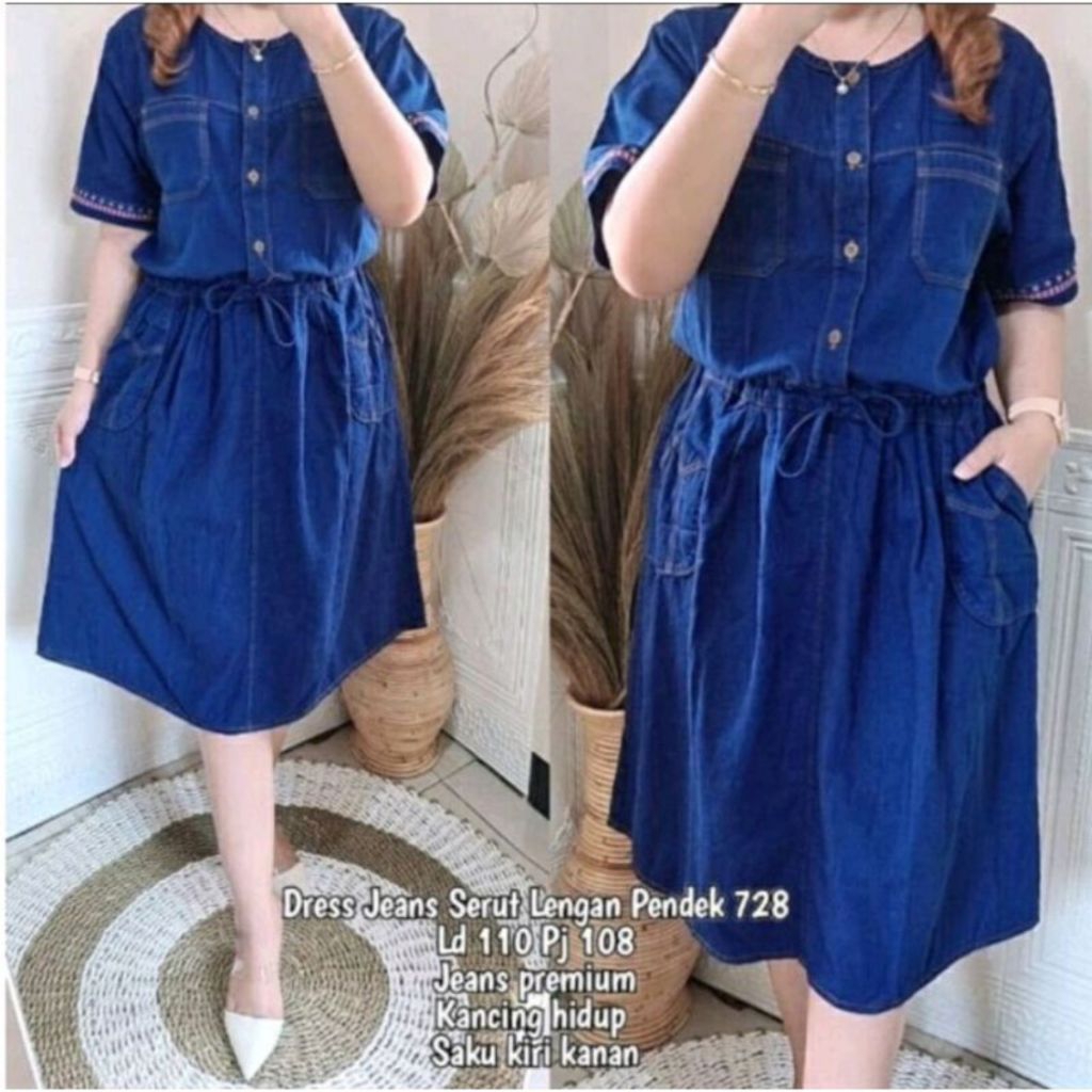 Dress Jeans Wanita Lengan Pendek - Drees Wanita Wash - Baju Wanita Standart dan Jumbo