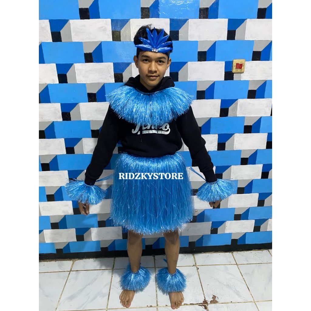 Rok Rumbai Tali Rafia Rok Tari Karnaval Sepaket Tangan dan Kaki + Kalung + Bandana Ukuran Anak Dan D