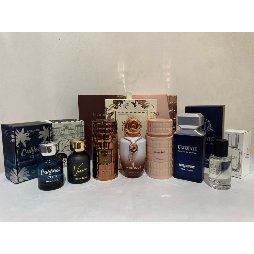 PRELOVED PARFUM MYKONOS, AFNAN, ZIMAYA, BURGUNDY, SCENTCO
