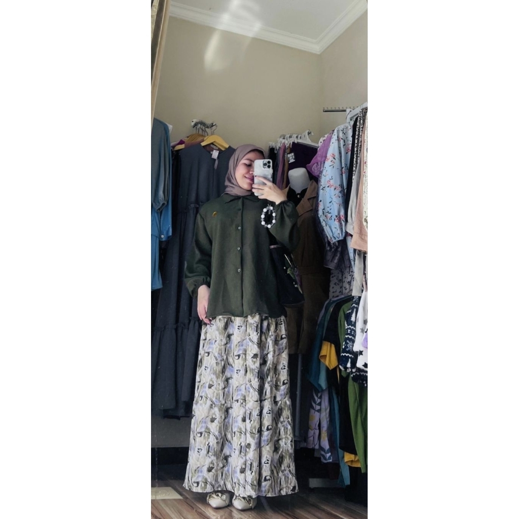 One Set Crinkle Atasan+Rok Army