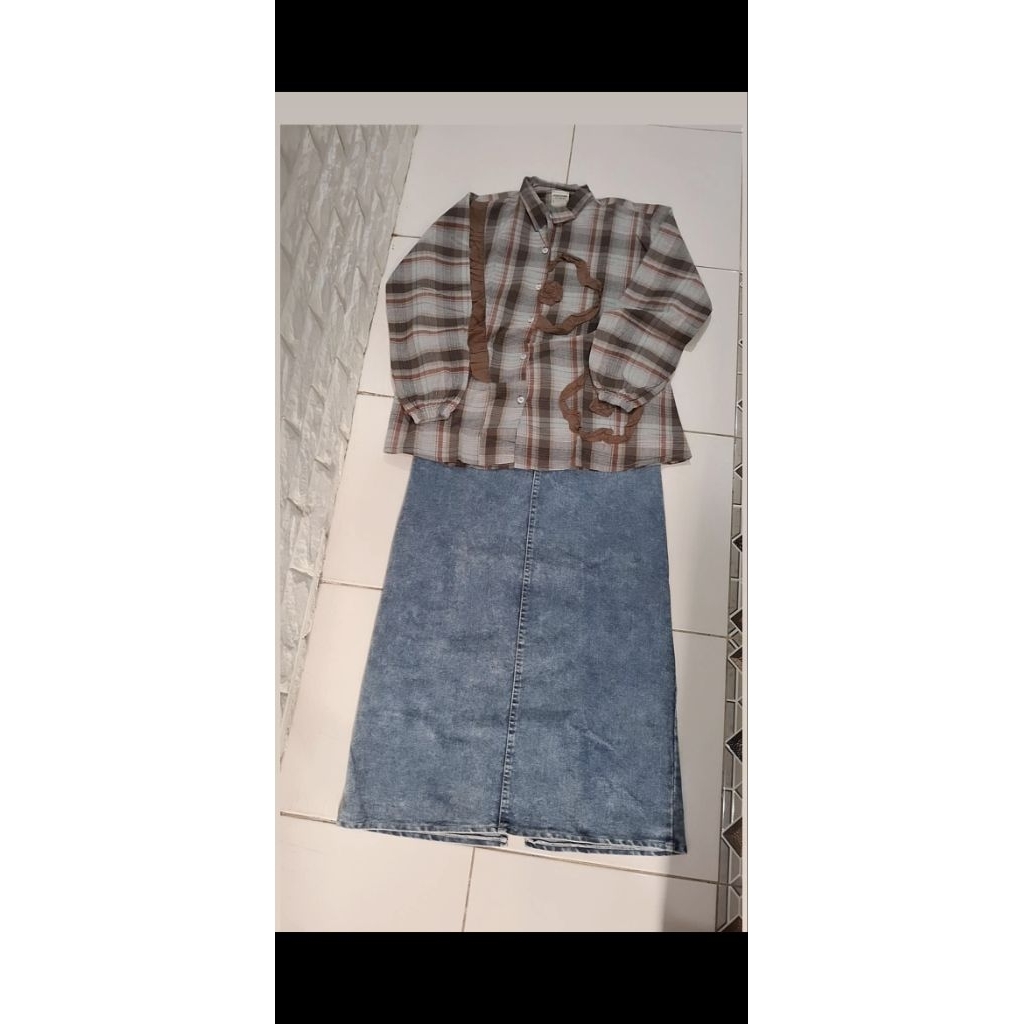 prelove one set kemeja rok jeans panjang