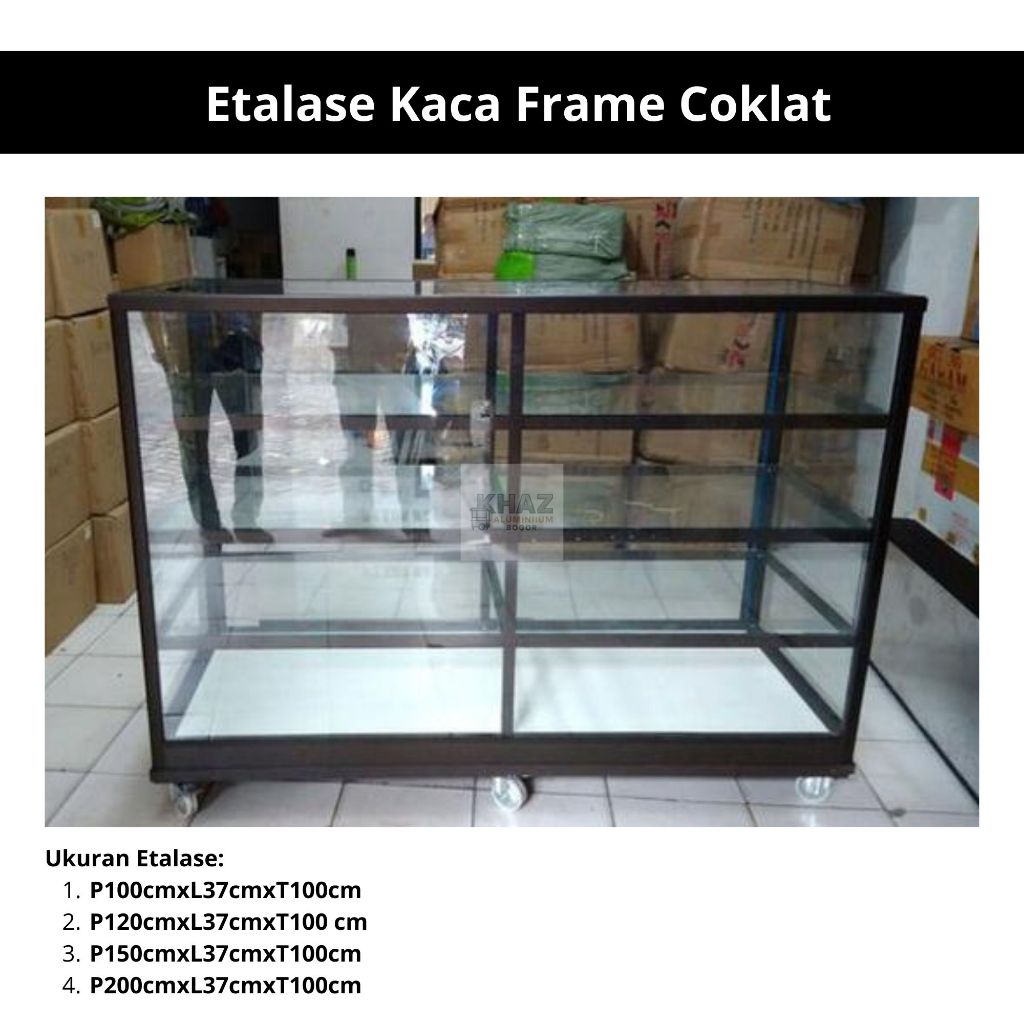 Etalase Kaca Aluminium Coklat 3 Rak Pintu Geser – Pajangan Toko / Warung
