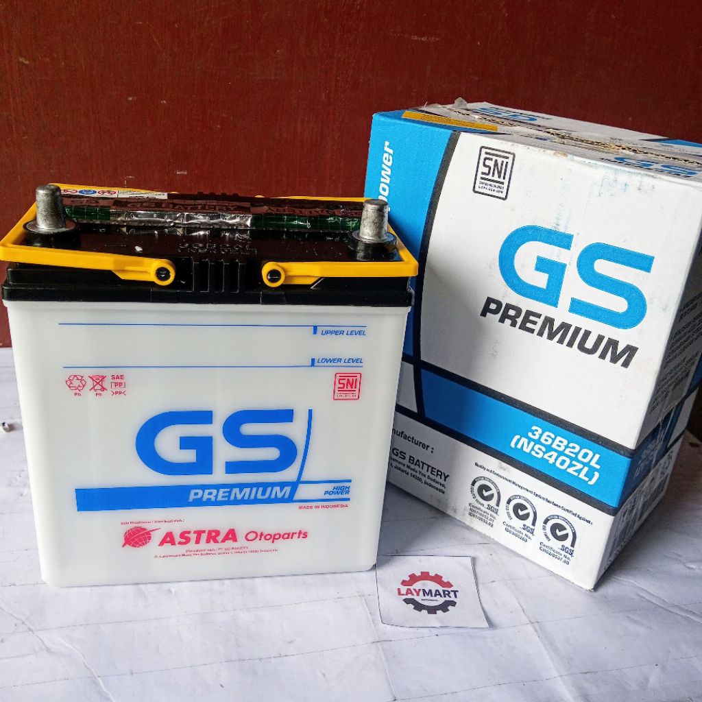 ACCU MOBIL GS PREMIUM NS40ZL Kapasitas Ampere 35Ah, Tegangan 12 V