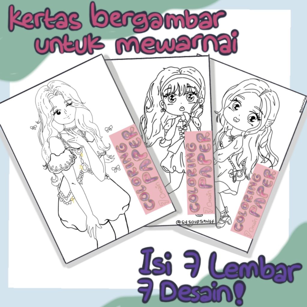 

Kertas Mewarnai (Coloring Paper) lucu aesthetic Homemade — isi 7 lembar dengan 7 desain berbeda — Sysoupstuff Stationery