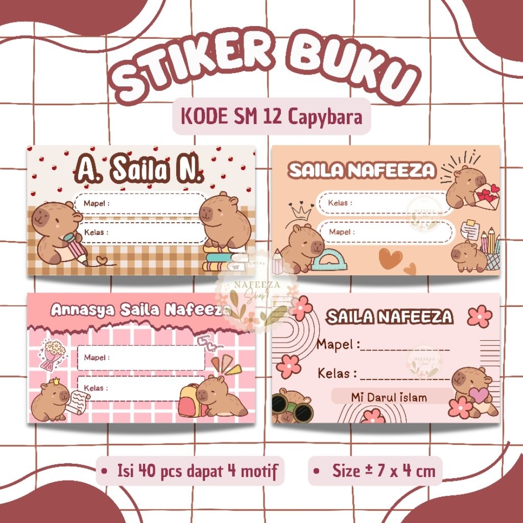 

40 pcs stiker label nama buku pelajaran label nama aesthetic label buku murah stiker nama motif stiker buku capybara stiker buku jumbo