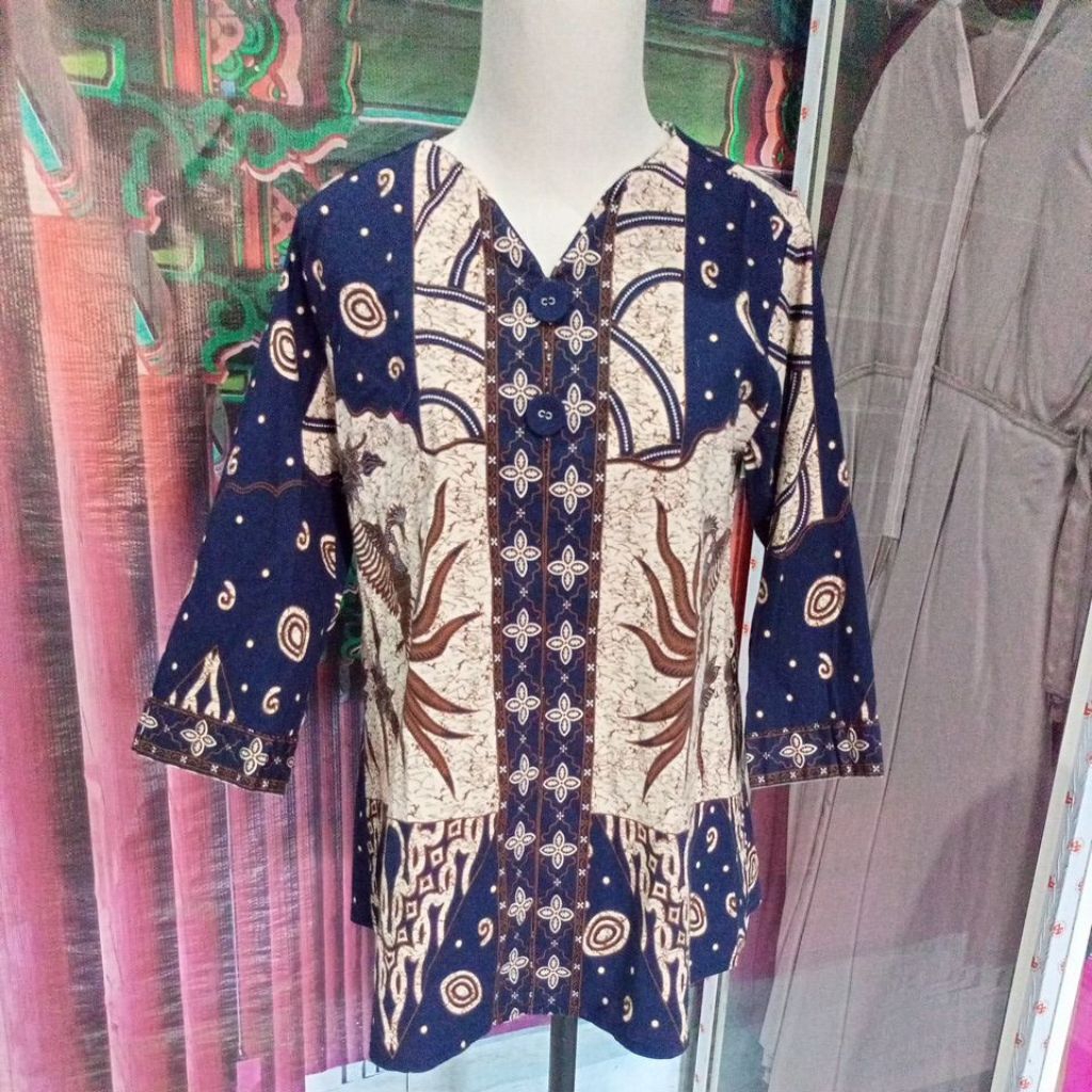 Atasan Blouse Batik Modern Wanita Kultur Blus Kerja Lengan Panjang 7/8