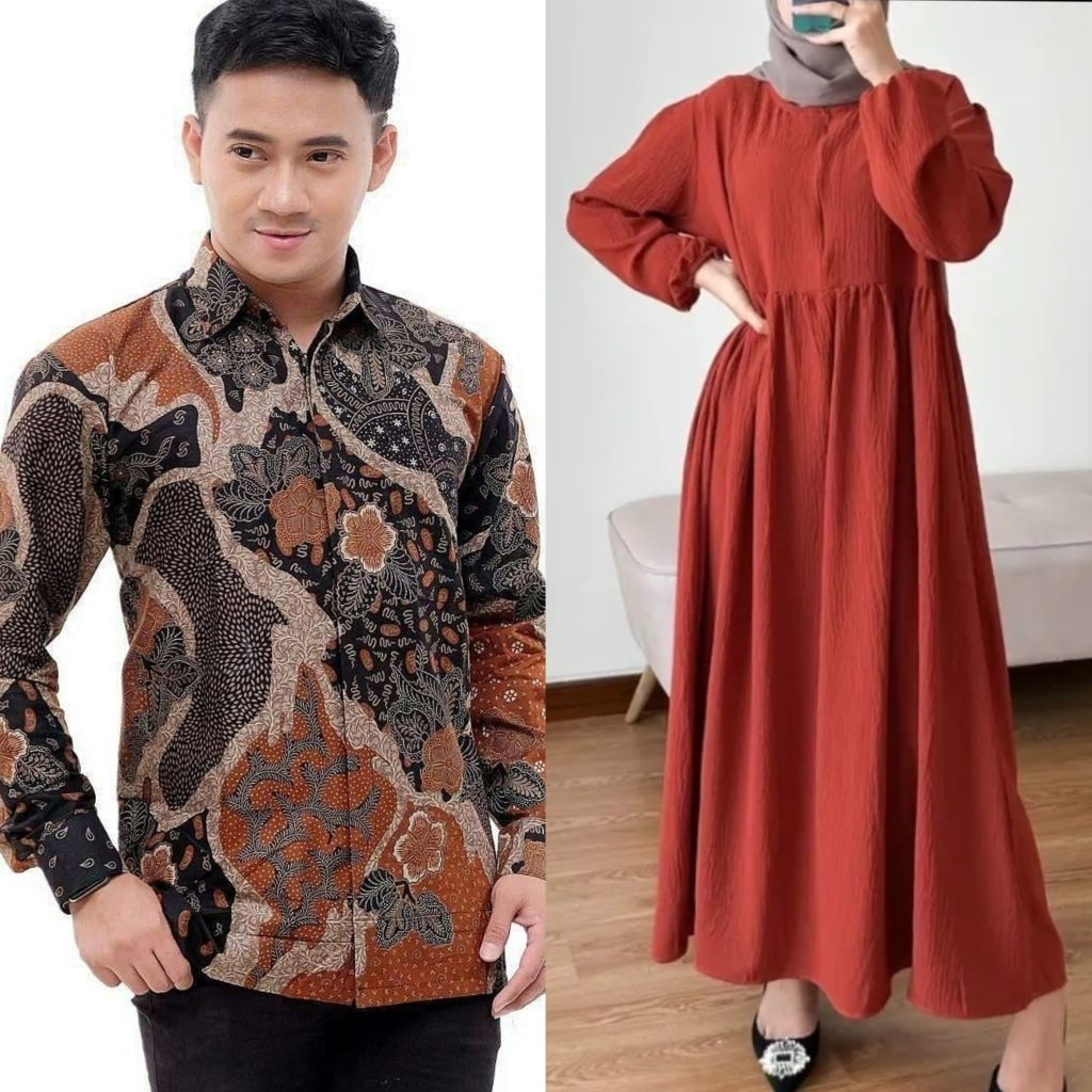 Couple gamis keluarga bahan cringkel premium. Sepasang Gamis Crinkle dan Kemeja Batik Katun