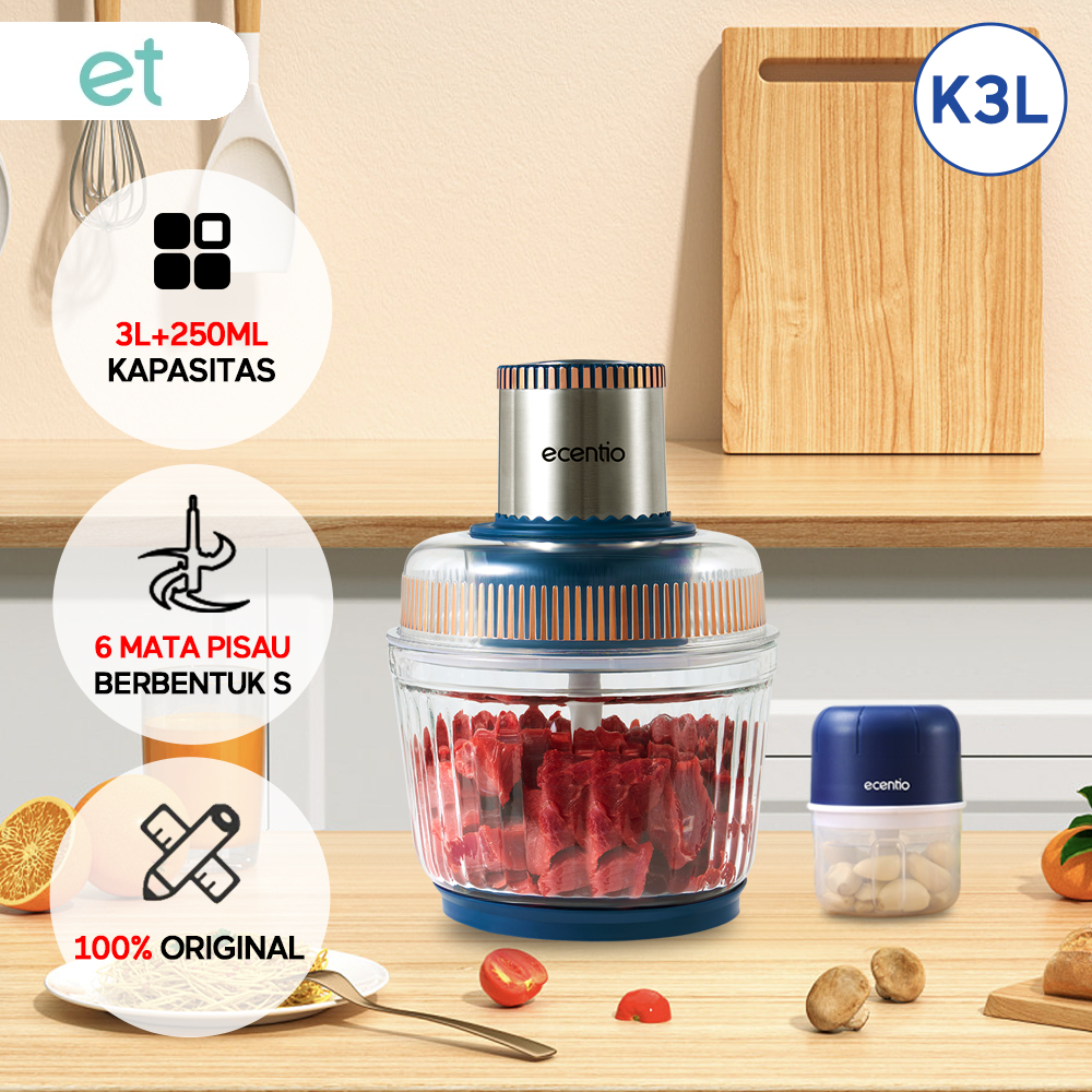 ET.Food Chopper 3L Glass +250ML Penggiling Daging Kaca Mini Blender Portable 6 Bilah Pisau Bumbu Per