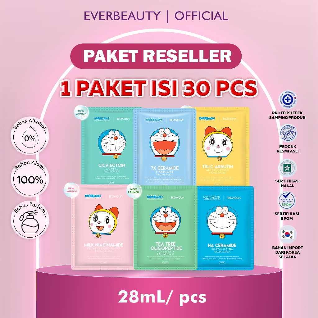 [EVERBEAUTY] [FREE GIFT] BIOAQUA x DORAEMON Masker Wajah Sheet Mask 30 pcs | 24 pcs | 12 pcs Face Ma