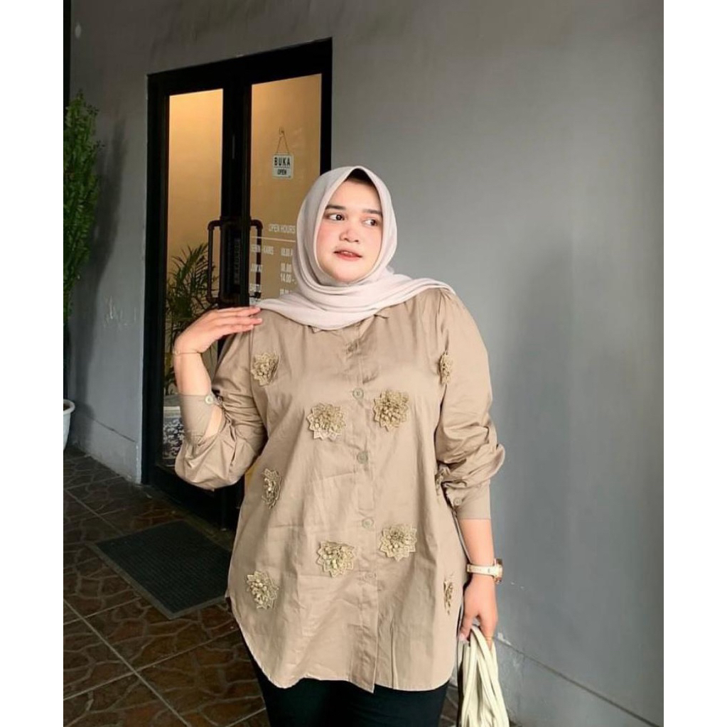kemeja wanita katun motif bunga timbul
