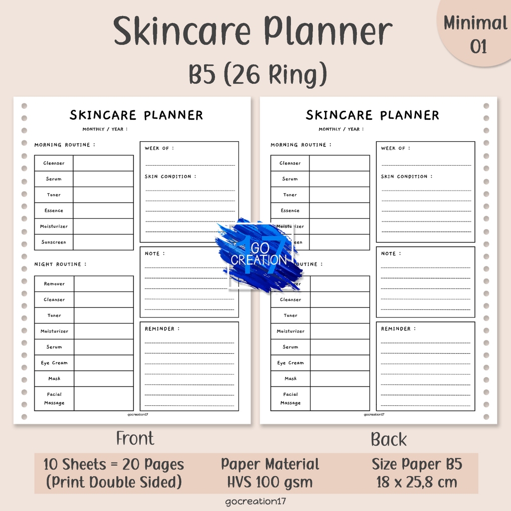 

Kertas Isi Binder Planner Skincare Plan Simple Minimalis B5
