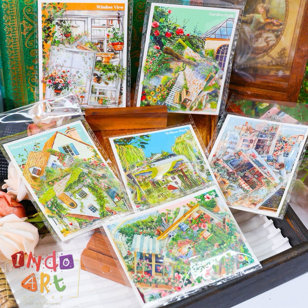 

(IAS) Sticker Post Card Deco Stiker Garden Pemandangan Watercolour House Villa Scenery Flower Bloom