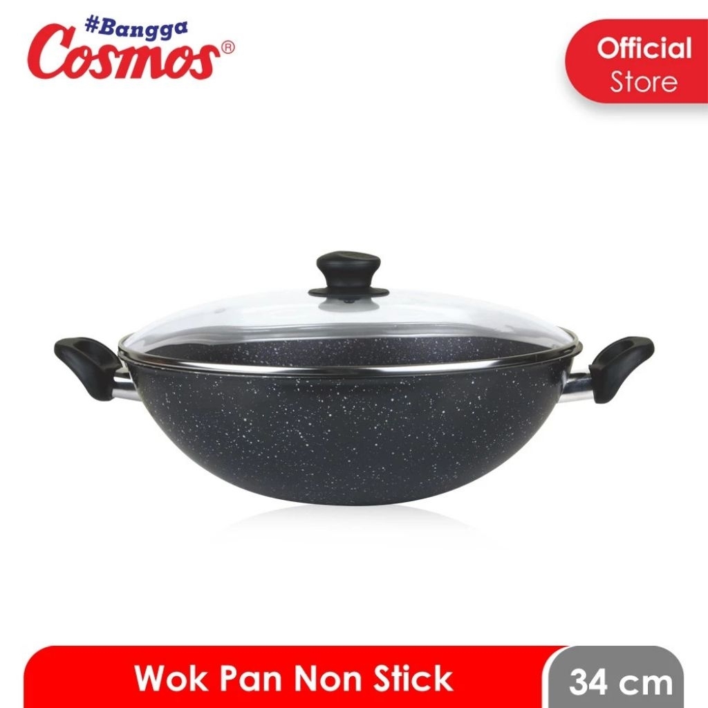COSMOS Wok Marble Pan Ceraflon Wajan Penggorengan Glass Cover 34 Cm Anti Lengket CW-34MBC F