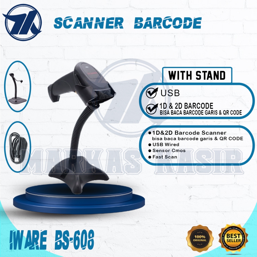 Scanner Barcode 2D QRcode IWARE BS-608 / BS608 USB Wired With Stand