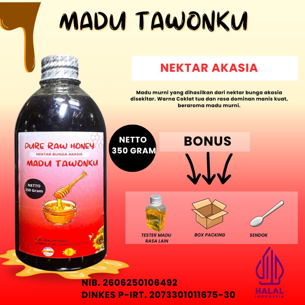 

Madu Asli Murni Raw Honey 350 Gram Nektar Bunga Akasia Super Bersertifikat P-IRT