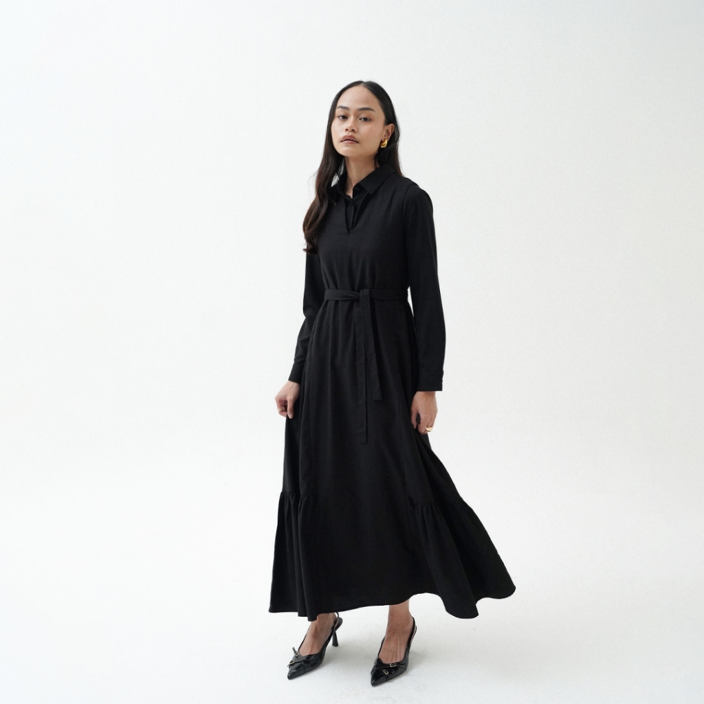 Queensland Loose V-Neck Dress Lengan Panjang LIN000548Q Hitam