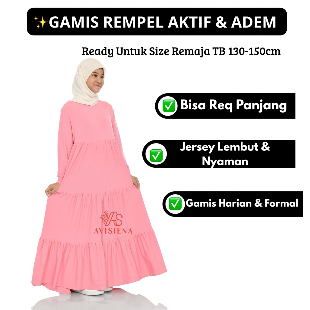 Avisiena - XL XXL Gamis Anak Rempel Susun Tanggung usia 9 10 11 12 tahun  dress jersey Remaja polos
