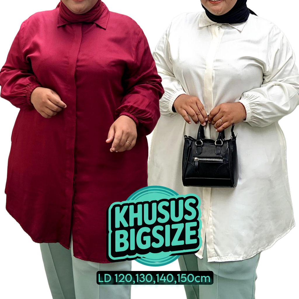 Kemeja Wanita Polos Jumbo LD120 - LD150 Baju Kerja Rayon Twill Silky Tunik Busui Merah Putih dl Rona