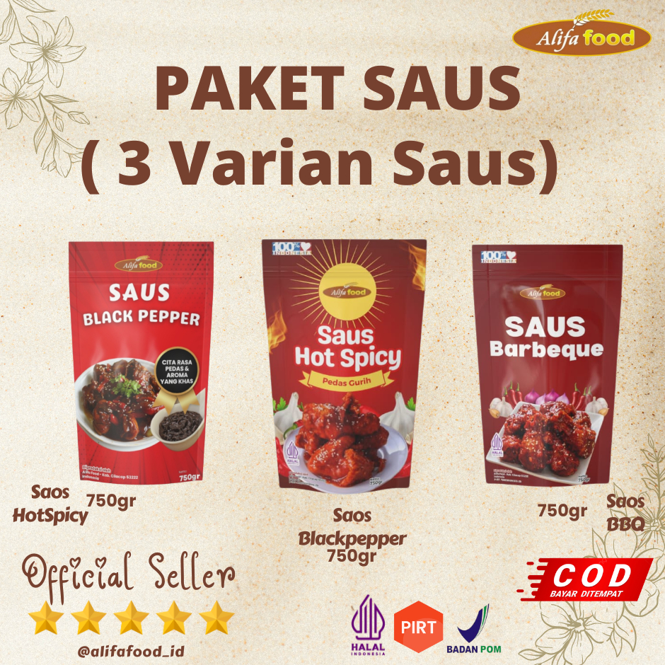 

ALIFA FOOD - PAKET SAUS (3 Varian Saus), Saus Barbeque, Saos Hot Spicy, Saus Keju, Saos Blackpepper