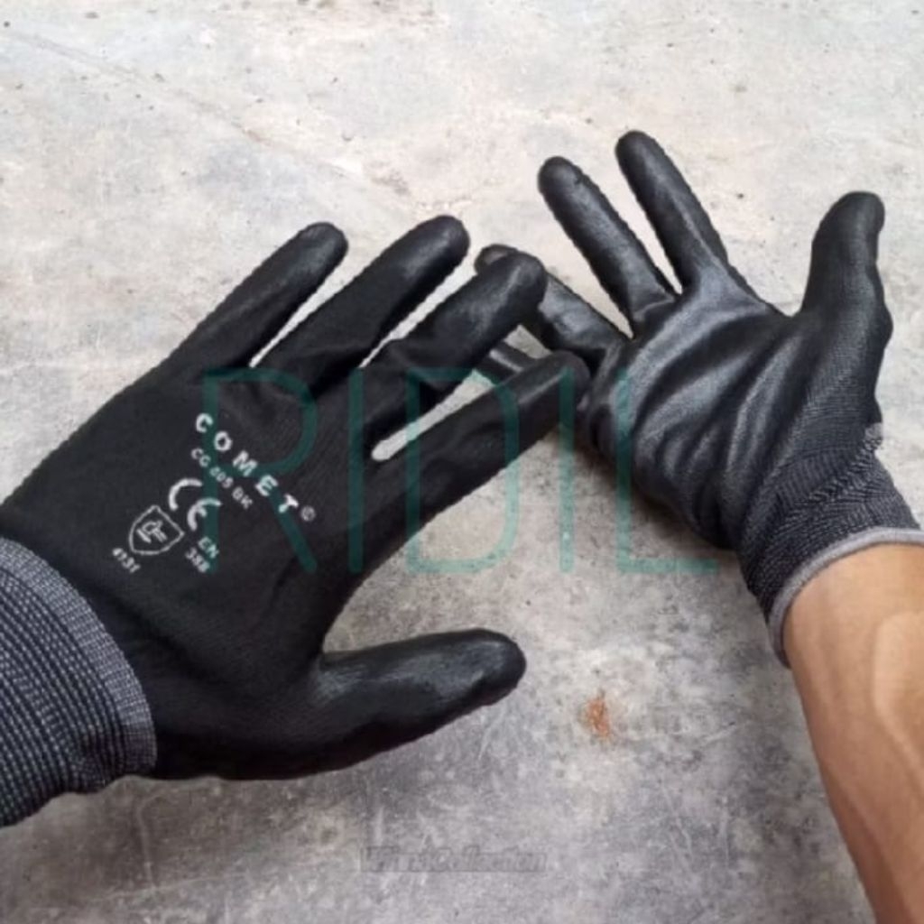sarung tangan nilon lapis karet (1lusin/12pasang) comet hitam palm fit anti slip mekanik industri ke