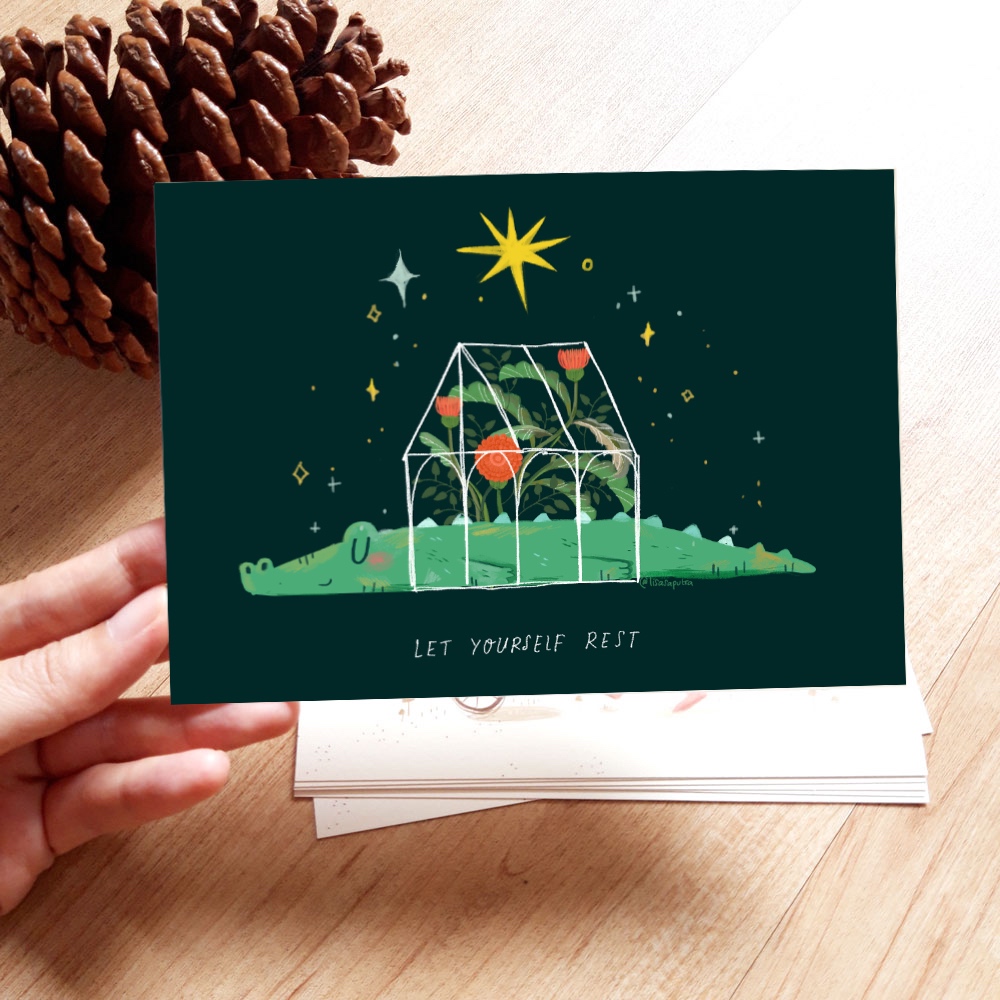 

Postcard kartu pos buaya Crocodile in a greenhouse Let yourself rest
