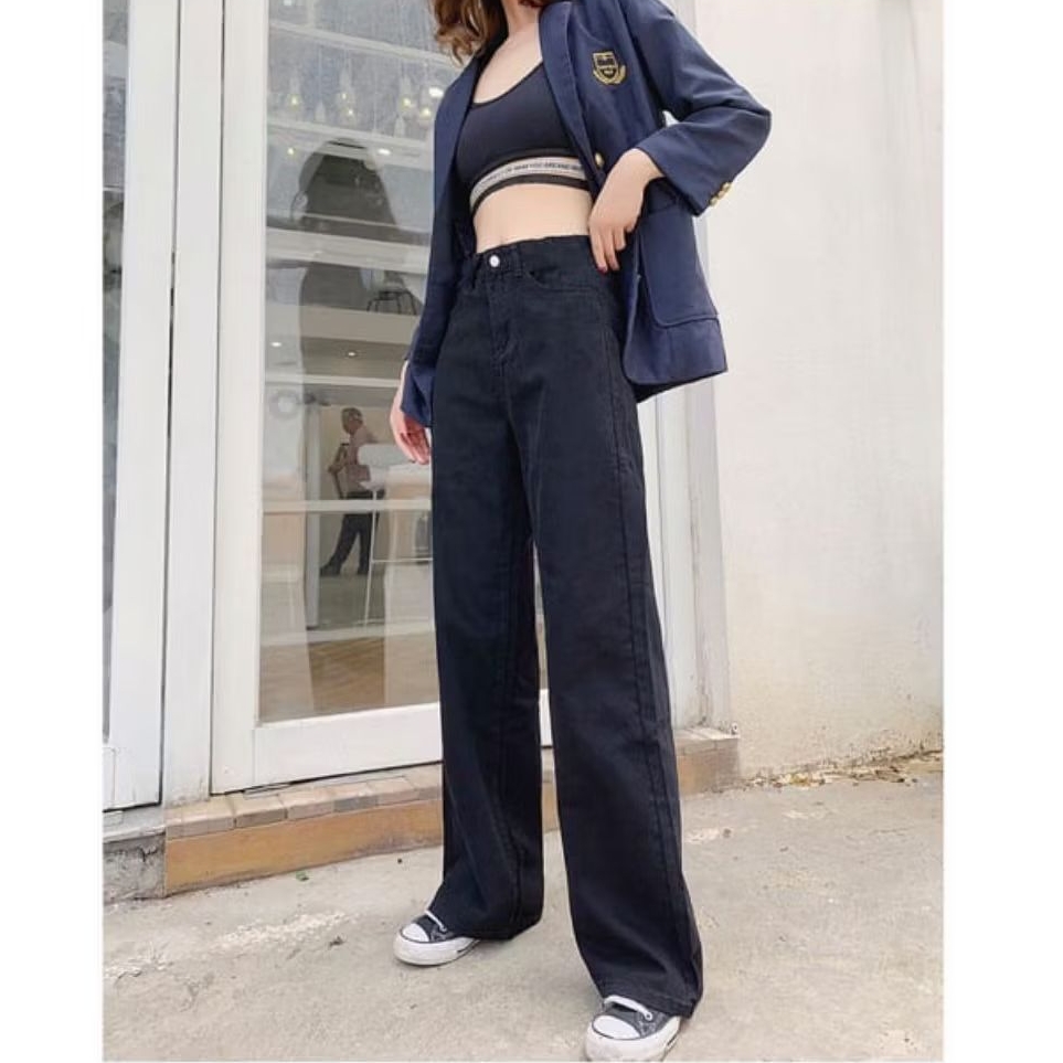 Black HW Loose HighWaist Jeans / Hitam High Waist Jeans / Celana Bigsize HW Loose Jeans Wanita Cewek