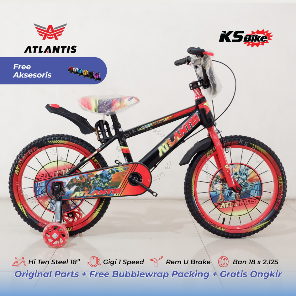 Sepeda Anak BMX Atlantis 18 Inch Roda Tiga Bantuan Frame Steel Rem Sepeda Anak Cowo Ban Bantuan Jumb