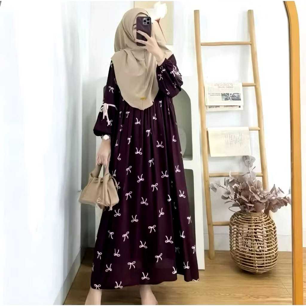 Gamis Pita Diora Dress Model Lengan Balon Bahan Rayon Premium Burgundy LD 110 dan 120
