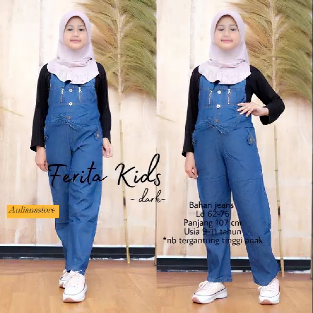 Baju Kodok Jumsuit Overall Jeans Anak Perempuan Tanggung  Usia 8 10 12 Tahun  Polos Zipper Aktif Kek