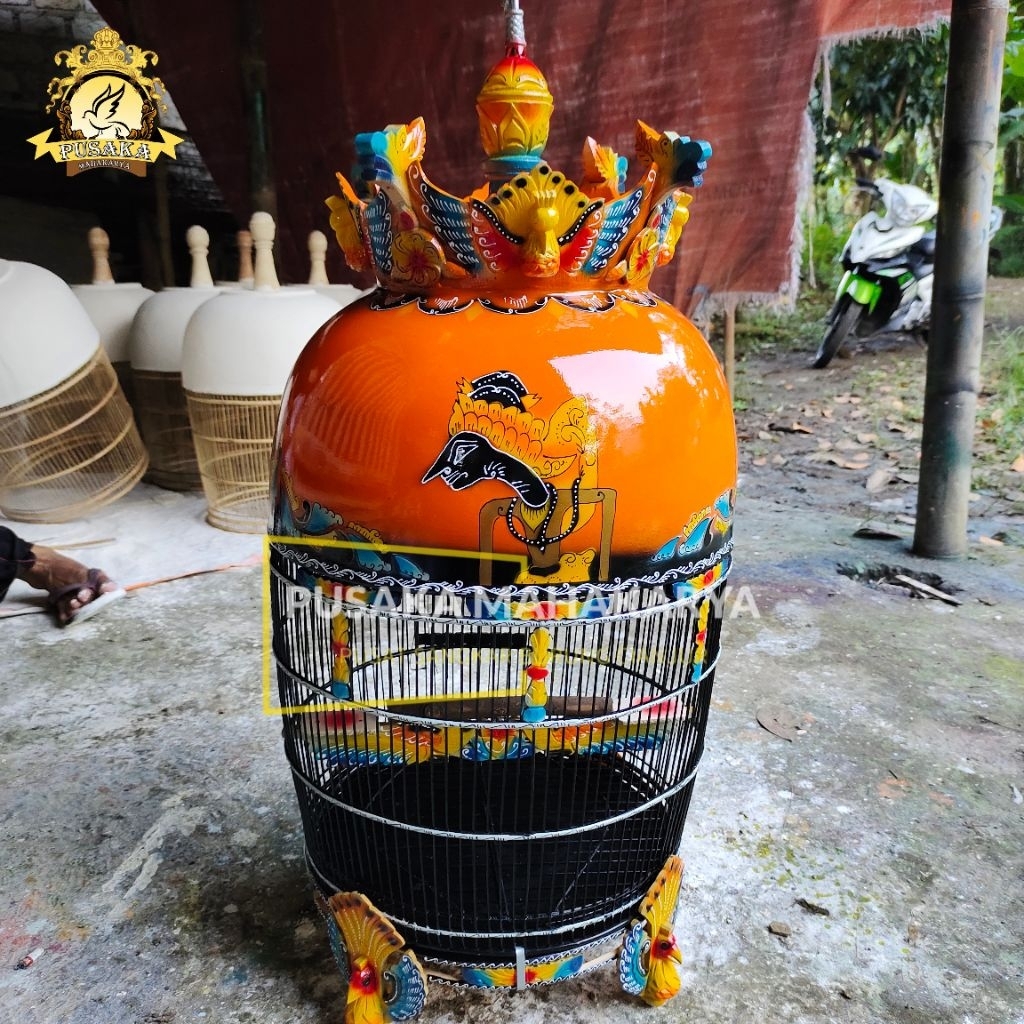SANGKAR MOTIF WAYANG ORANGE KANDANG PERKUTUT LOMBA MAHKOTA MERAK  FULLSET AKSESORIS PIBER KUALITAS S