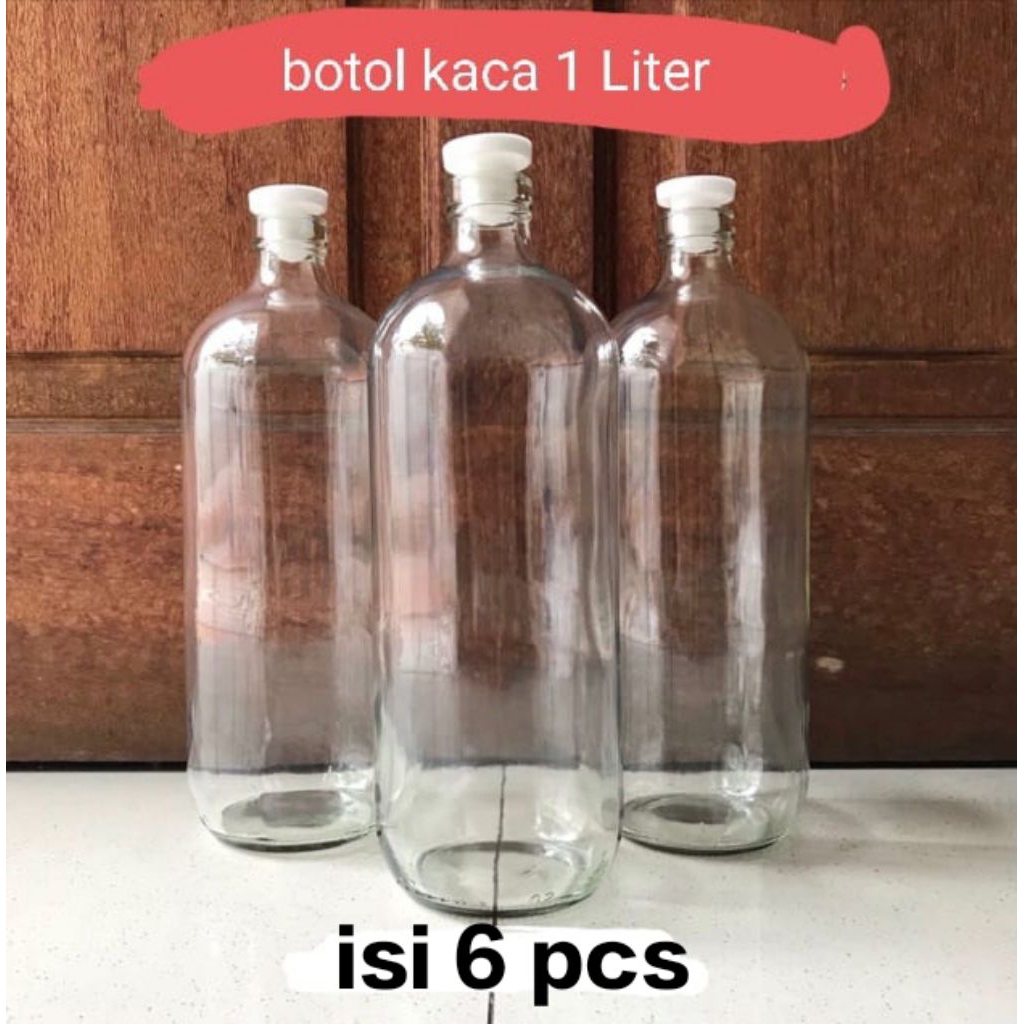 BOTOL KACA 1 LITER ( Isi 6 pcs) plus tutup // Botol jamu // Botol bensin // Botol minum // Botol bar